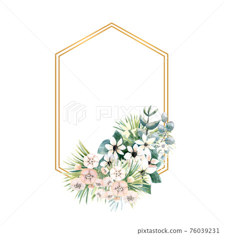 Hexagonal gold frame with small flowers of actinidia, bouvardia, tropical and palm leaves. Wedding bouquet in a frame for the design of a stylish invitation. Watercolour illustration 76039231