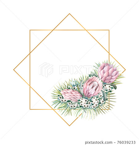 Geometric gold frame with protea flowers, tropical leaves, palm leaves, bouvardia flowers. Wedding bouquet in a frame for the design of a stylish invitation. Watercolour illustration 76039233