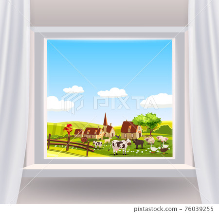 Open window interior home with a rural landscape view nature. Country spring summer landscape from view the window of houses farm, animals, green meadow fields panorama. Vector illustration 76039255