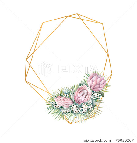 Geometric gold frame with protea flowers, tropical leaves, palm leaves, bouvardia flowers. Wedding bouquet in a frame for the design of a stylish invitation. Watercolour illustration 76039267