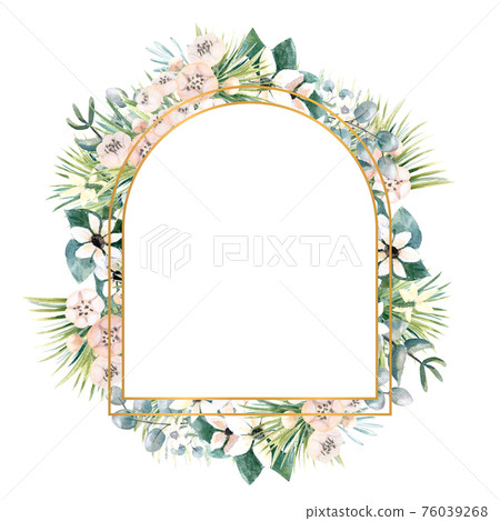 Arch-shaped gold frame with small flowers of actinidia, bouvardia, tropical and palm leaves. Wedding bouquet in a frame for the design of a stylish invitation. Watercolour illustration Arch-shaped gold frame with small flowers of actinidia, bouvardia, tropical and palm leaves. Wedding bouquet in a frame for the design of a stylish invitation. Watercolour illustration 76039268
