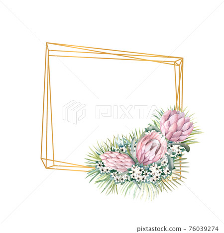 Geometric gold frame with protea flowers, tropical leaves, palm leaves, bouvardia flowers. Wedding bouquet in a frame for the design of a stylish invitation. Watercolour illustration 76039274