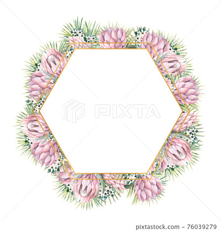 Hexagonal gold frame with protea flowers, tropical leaves, palm leaves, bouvardia flowers. Wedding bouquet in a frame for the design of a stylish invitation. Watercolour illustration Hexagonal gold frame with protea flowers, tropical leaves, palm leaves, bouvardia flowers. Wedding bouquet in a frame for the design of a stylish invitation. Watercolour illustration 76039279