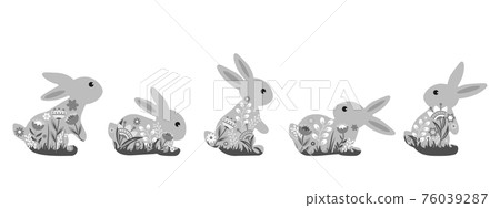 A set of cute bunnies decorated with flowers. Monochrome image. Vector illustration of a happy Easter icon A set of cute bunnies decorated with flowers. Monochrome image. Vector illustration of a happy Easter icon 76039287
