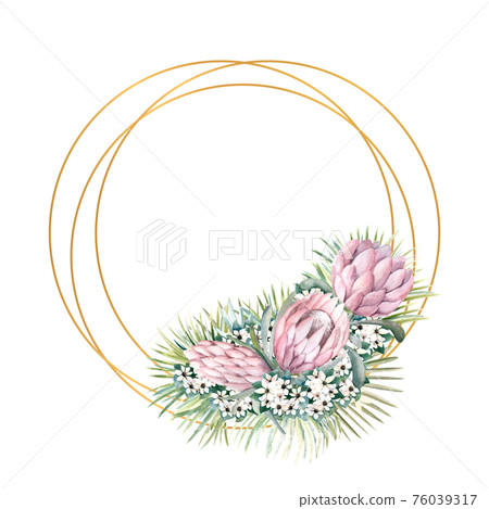 Frame with protea flowers, tropical leaves, palm leaves, bouvardia flowers. Wedding bouquet in a frame for the design of a stylish invitation. Watercolour illustration Frame with protea flowers, tropical leaves, palm leaves, bouvardia flowers. Wedding bouquet in a frame for the design of a stylish invitation. Watercolour illustration 76039317