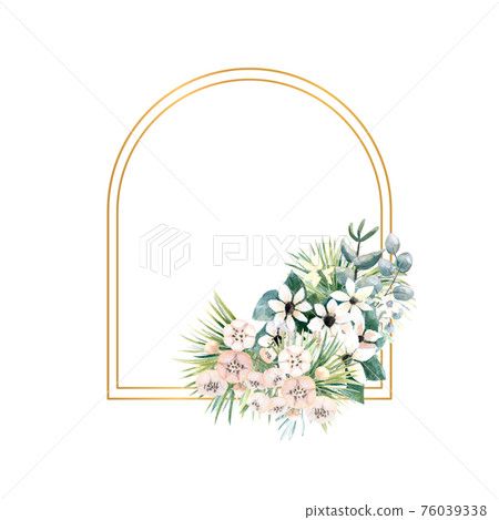 Arch-shaped gold frame with small flowers of actinidia, bouvardia, tropical and palm leaves. Wedding bouquet in a frame for the design of a stylish invitation. Watercolour illustration 76039338