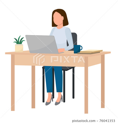 Woman at work table with laptop. The girl works. Office manager, employee. Remote work, online. Vector concept. 76041353