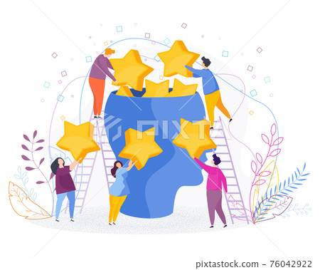 Group of small people put stars in a huge head. Group of small people put stars in a huge head. 76042922
