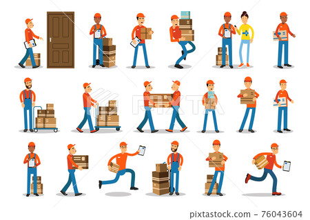 Man Courier and Freight Mover in Uniform Delivering Cardboard Boxes Vector Set Man Courier and Freight Mover in Uniform Delivering Cardboard Boxes Vector Set 76043604