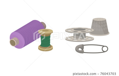 Sewing and Tailoring Accessories with Threads and Thimble Vector Set 76043703