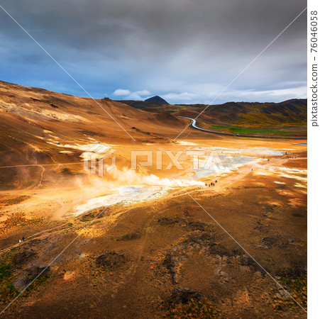 Aerial view of Hverir geothermal area near lake Myvatn in Iceland 76046058