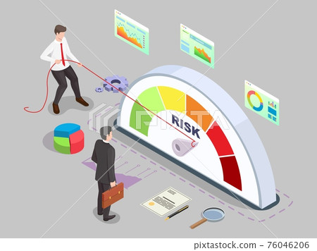 Isometric businessman turning risk meter arrow back with rope, flat vector illustration. Effective risk management. 76046206