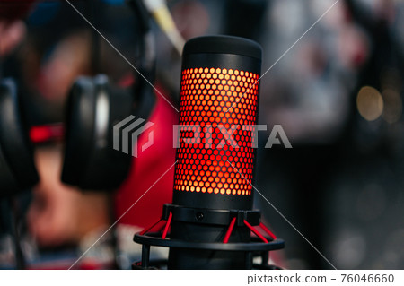 Professional studio condenser microphone attached to shock mount Professional studio condenser microphone attached to shock mount 76046660