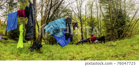 clothes drying in the forest glade after rain clothes drying in the forest glade after rain 76047725