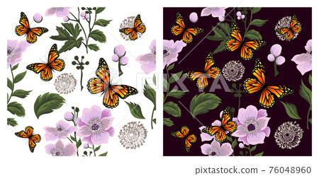 A seamless background with beautiful pink flowers and with butterflies. Dark and light background. Vector illustration A seamless background with beautiful pink flowers and with butterflies. Dark and light background. Vector illustration 76048960