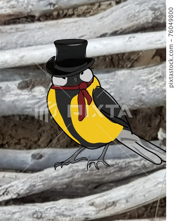 Little bird on wood with hat and scarve Little bird on wood with hat and scarve 76049800