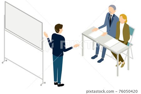 Business scene, men and women listening to explanations, isometric 76050420