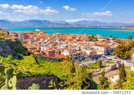 Nafplio, Greece aerial view, sea, snow mountains 76051553