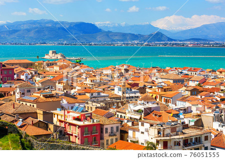 Nafplio, Greece aerial view, sea, snow mountains 76051555