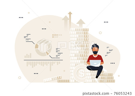 Young man with laptop sitting on stack of coins. Young man with laptop sitting on stack of coins. 76053243