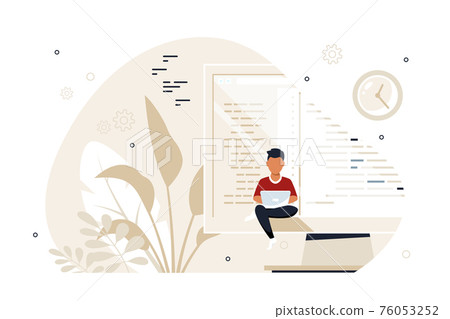 Programmer specialist sitting on big computer screen and working Programmer specialist sitting on big computer screen and working 76053252