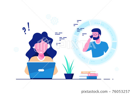 Woman with headphones and microphone with laptop Woman with headphones and microphone with laptop 76053257