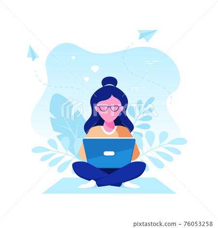 Young caucasian woman working on laptop, flat design vector Young caucasian woman working on laptop, flat design vector 76053258
