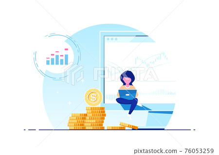 Young woman with laptop against computer screen and stacks of coins 76053259