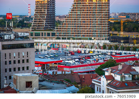 Belgrade, Serbia - September 25, 2020: Main bus station Belgrade waterfront in the Serbian capital city at sunrise Belgrade, Serbia - September 25, 2020: Main bus station Belgrade waterfront in the Serbian capital city at sunrise 76053909