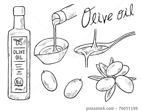 Black and white handwritten illustration image of olive and oil Black and white handwritten illustration image of olive and oil 76055199