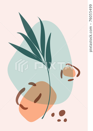 Hand drawn abstract wall art, vector minimal boho ink painting style, botanical images of thopical leaves, transparent animal skin spots in blue marine, orange color palette Hand drawn abstract wall art, vector minimal boho ink painting style, botanical images of thopical leaves, transparent animal skin spots in blue marine, orange color palette 76055499