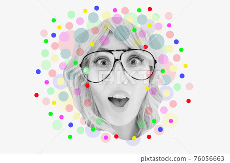 Funky woman in sunglasses. Crazy lady and surreal composition of textures, shapes, gradients. Contemporary art collage. Zine culture. Pop art. Fashion magazine style for posters, banners, wallpaper. 76056663