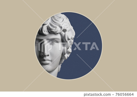 Collage with plaster antique sculpture of human face in a pop art style. Modern creative concept image with ancient statue head. Zine culture. Contemporary art poster. Funky minimalism. Retro design. 76056664
