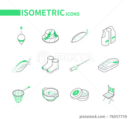 Fishing equipment - modern line isometric icons set Fishing equipment - modern line isometric icons set 76057739