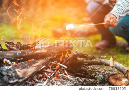 Woman hands roasting marshmallows over the fire in a grill Woman hands roasting marshmallows over the fire in a grill 76058205
