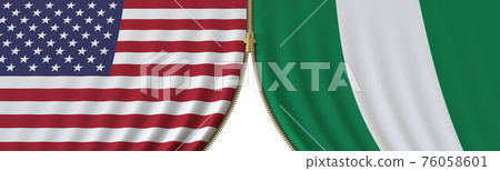 Flags of United States and Nigeria and closing or opening zipper between them. Political negotiations or interaction conceptual 3D rendering 76058601