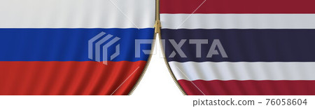 Flags of Russia and Thailand and closing or opening zipper between them. Political negotiations or interaction conceptual 3D rendering Flags of Russia and Thailand and closing or opening zipper between them. Political negotiations or interaction conceptual 3D rendering 76058604