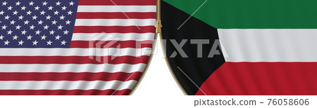 Flags of United States and Kuwait and closing or opening zipper between them. Political negotiations or interaction conceptual 3D rendering Flags of United States and Kuwait and closing or opening zipper between them. Political negotiations or interaction conceptual 3D rendering 76058606