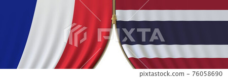 Flags of France and Thailand and closing or opening zipper between them. Political negotiations or interaction conceptual 3D rendering 76058690