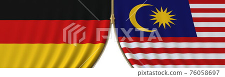 Germany and Malaysia political cooperation or conflict, flags and closing or opening zipper, conceptual 3D rendering Germany and Malaysia political cooperation or conflict, flags and closing or opening zipper, conceptual 3D rendering 76058697