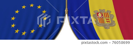EU and Andorra political cooperation or conflict, flags and closing or opening zipper, conceptual 3D rendering EU and Andorra political cooperation or conflict, flags and closing or opening zipper, conceptual 3D rendering 76058699