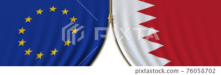 EU and Bahrain political cooperation or conflict, flags and closing or opening zipper, conceptual 3D rendering EU and Bahrain political cooperation or conflict, flags and closing or opening zipper, conceptual 3D rendering 76058702