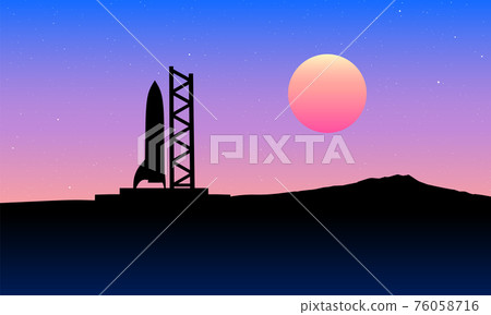 Space rocket ready to start on launching site. Spaceship silhouette takeoff countdown on the sunset illustration 76058716