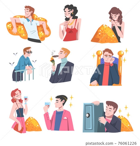 Rich and Wealthy People Characters Having Abundance of Financial Assets Rolling in Cash Vector Illustration Set 76061226