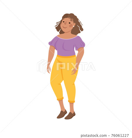 Body Positive or Plus Size Smiling Woman in Standing Pose Vector Illustration 76061227