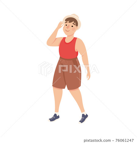 Plus Size Man Character in Shorts Walking and Smiling Vector Illustration 76061247
