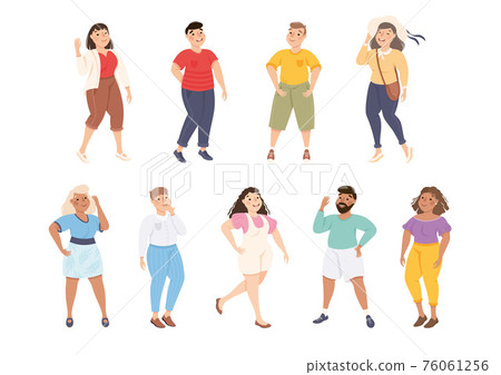 Plus Size People Characters in Different Apparel Standing and Smiling Vector Illustration Set Plus Size People Characters in Different Apparel Standing and Smiling Vector Illustration Set 76061256