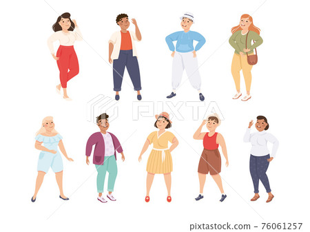 Plus Size People Characters in Different Apparel Standing and Smiling Vector Illustration Set Plus Size People Characters in Different Apparel Standing and Smiling Vector Illustration Set 76061257
