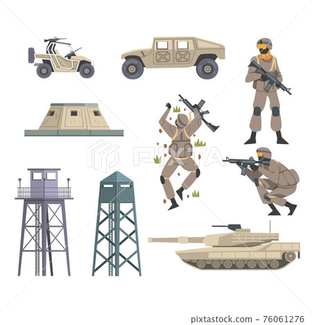 Military Special Armed Forces in Uniform and Armament Elements Vector Set 76061276