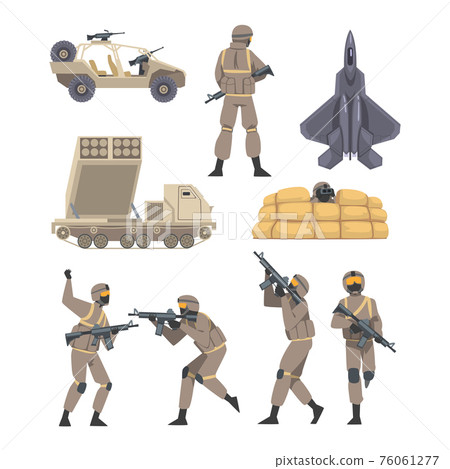 Military Special Armed Forces in Uniform and Armament Elements Vector Set 76061277